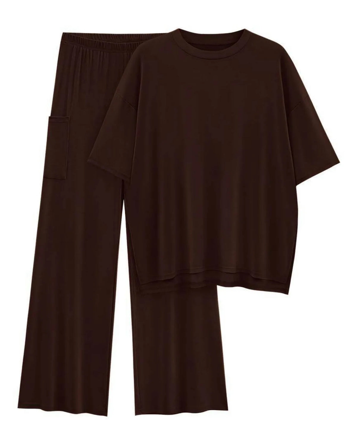 Women Round Neck Loose Short Sleeve Tunic Top High Waist Wide Leg Pants Two Piece Casual Daily Matching Outfit