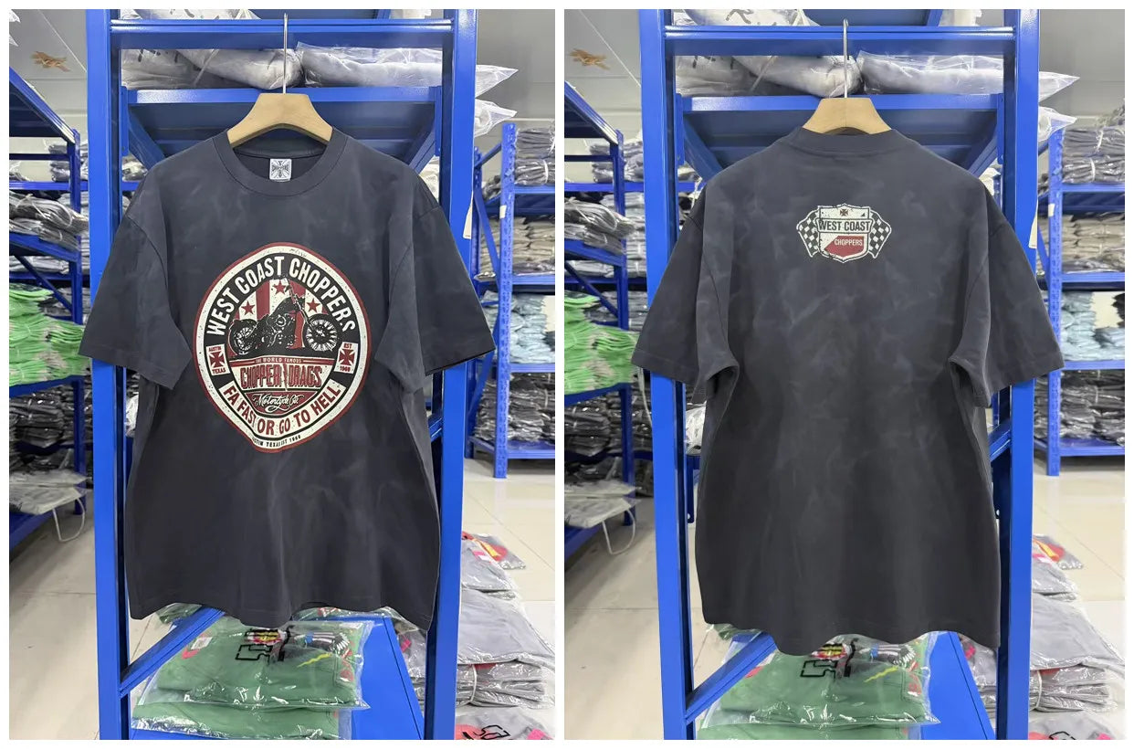 New fashion Y2K West Coast Choppers 26SS 1972 Retro Modified Car Printed Water Washed Vintage Men's Loose T-shirt Large Top