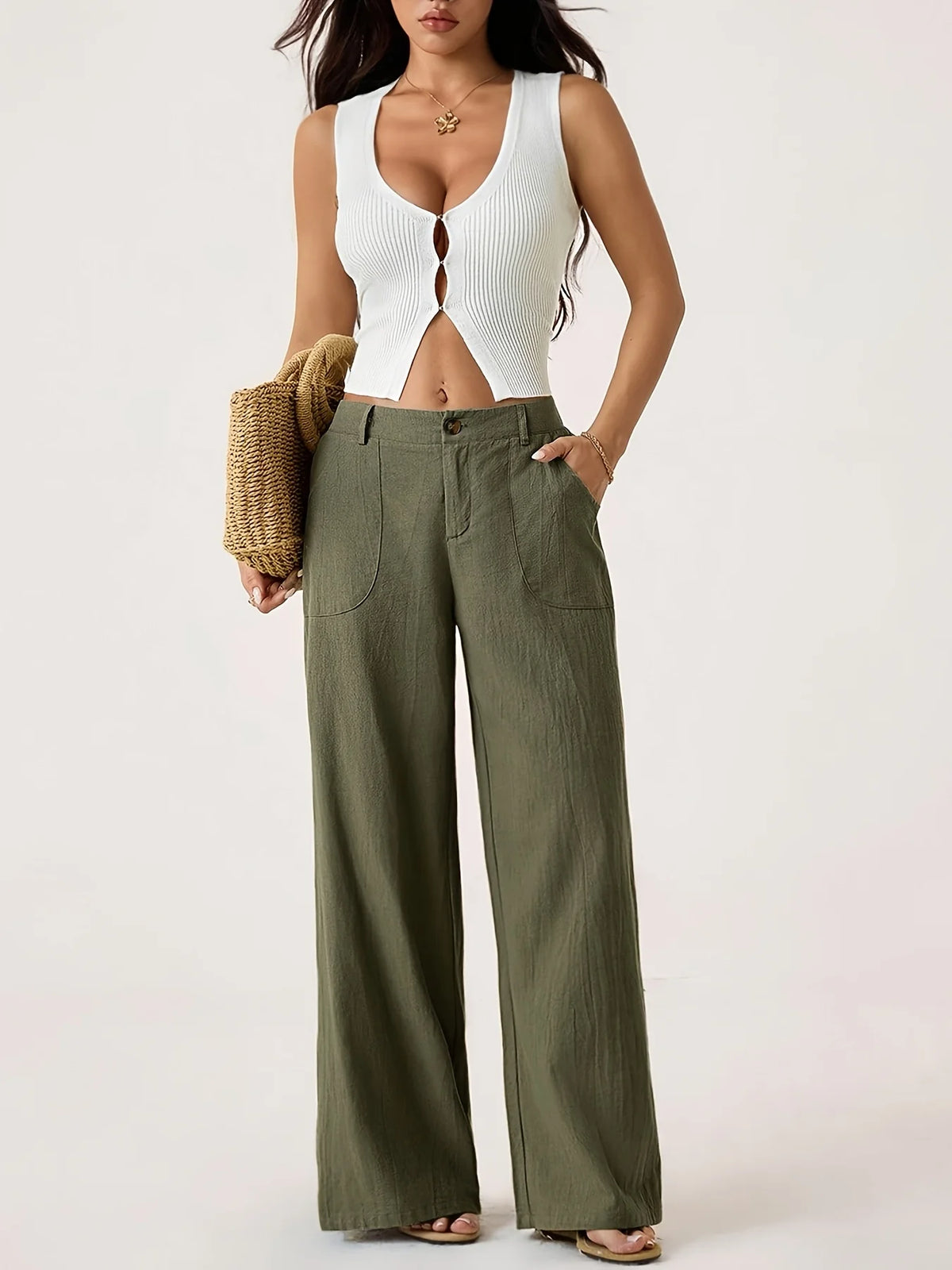 2 Pack Women'S Solid Casual Trousers, High Rise Button Fly And Front Patch Pocket Loose Wide Leg Daily Pants