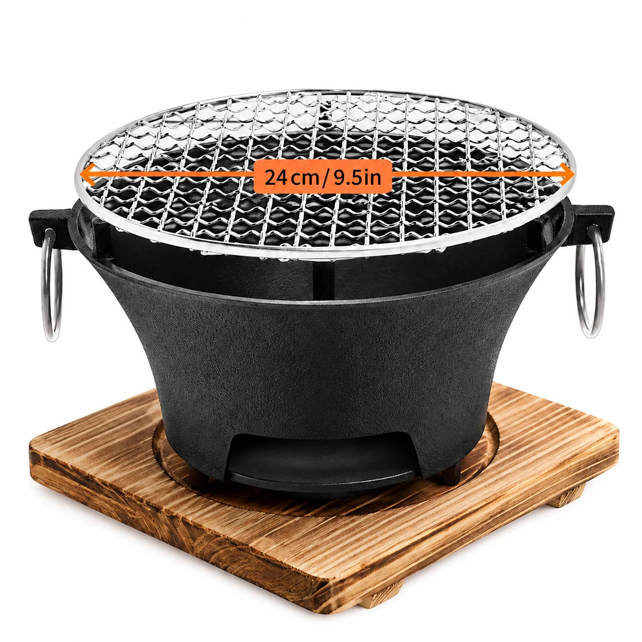 KL1 Portable Charcoal Grill Mini Tabletop BBQ Cast Iron Body Stainless Steel Removable Grill Net Heat-Resistant Wooden Base Silver Carry Rings Outdoor Picnic and Backyard Cooking