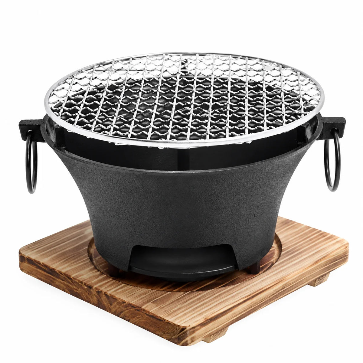KL1 Portable Charcoal Grill Mini Tabletop BBQ Cast Iron Body Stainless Steel Removable Grill Net Heat-Resistant Wooden Base Silver Carry Rings Outdoor Picnic and Backyard Cooking
