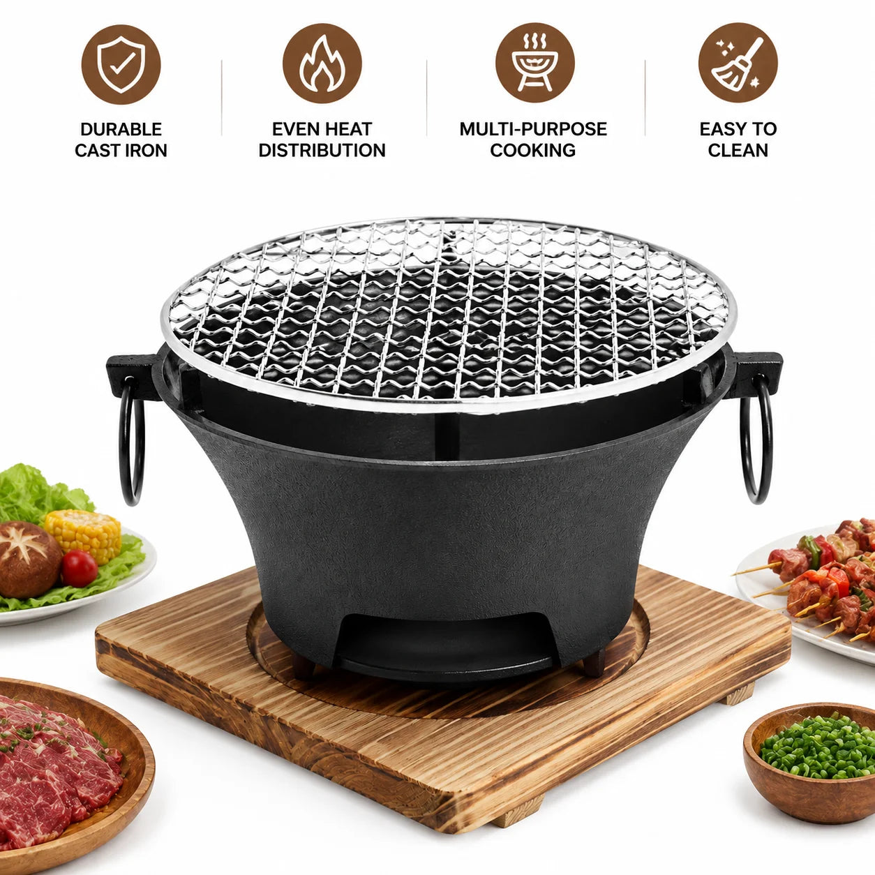 KL1 Portable Charcoal Grill Mini Tabletop BBQ Cast Iron Body Stainless Steel Removable Grill Net Heat-Resistant Wooden Base Silver Carry Rings Outdoor Picnic and Backyard Cooking