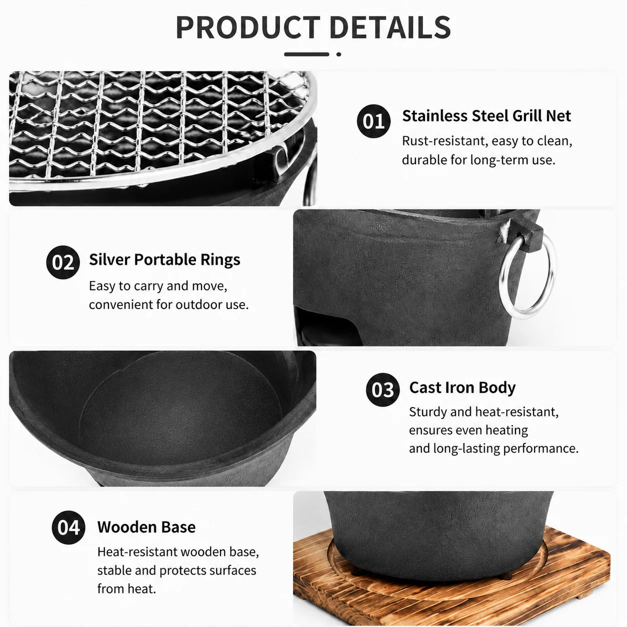 KL1 Portable Charcoal Grill Mini Tabletop BBQ Cast Iron Body Stainless Steel Removable Grill Net Heat-Resistant Wooden Base Silver Carry Rings Outdoor Picnic and Backyard Cooking