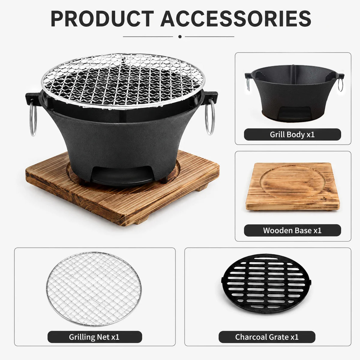 KL1 Portable Charcoal Grill Mini Tabletop BBQ Cast Iron Body Stainless Steel Removable Grill Net Heat-Resistant Wooden Base Silver Carry Rings Outdoor Picnic and Backyard Cooking