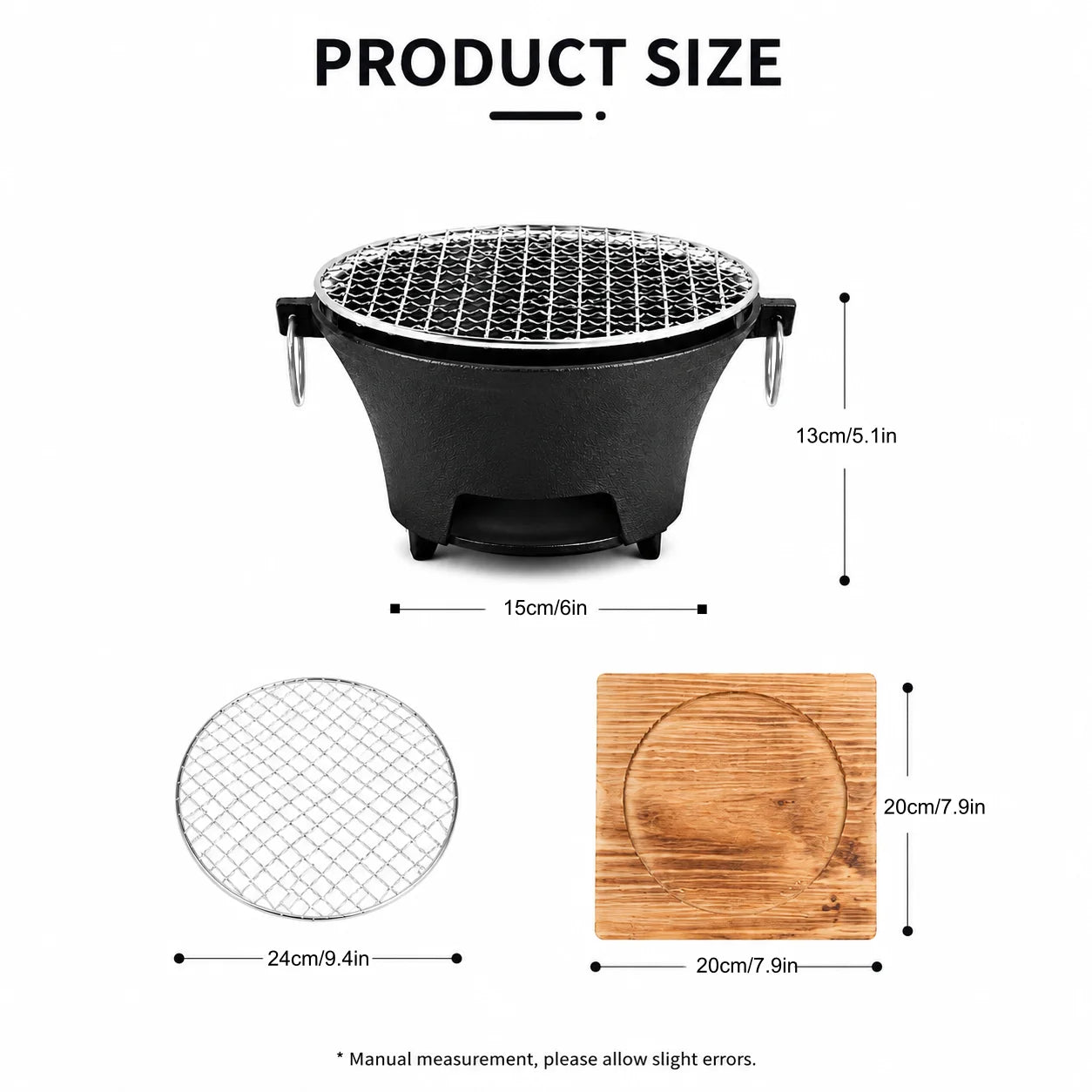 KL1 Portable Charcoal Grill Mini Tabletop BBQ Cast Iron Body Stainless Steel Removable Grill Net Heat-Resistant Wooden Base Silver Carry Rings Outdoor Picnic and Backyard Cooking