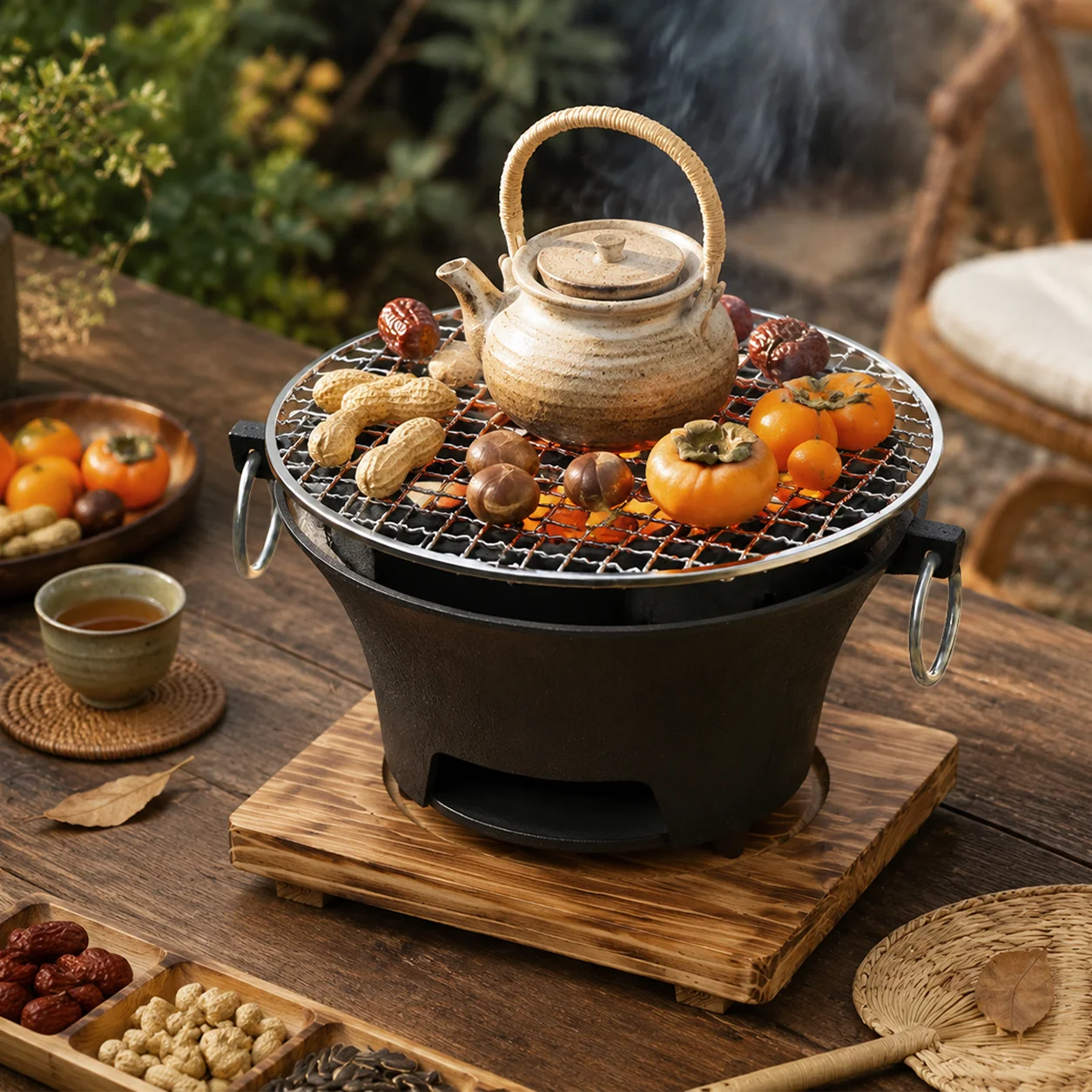 KL1 Portable Charcoal Grill Mini Tabletop BBQ Cast Iron Body Stainless Steel Removable Grill Net Heat-Resistant Wooden Base Silver Carry Rings Outdoor Picnic and Backyard Cooking