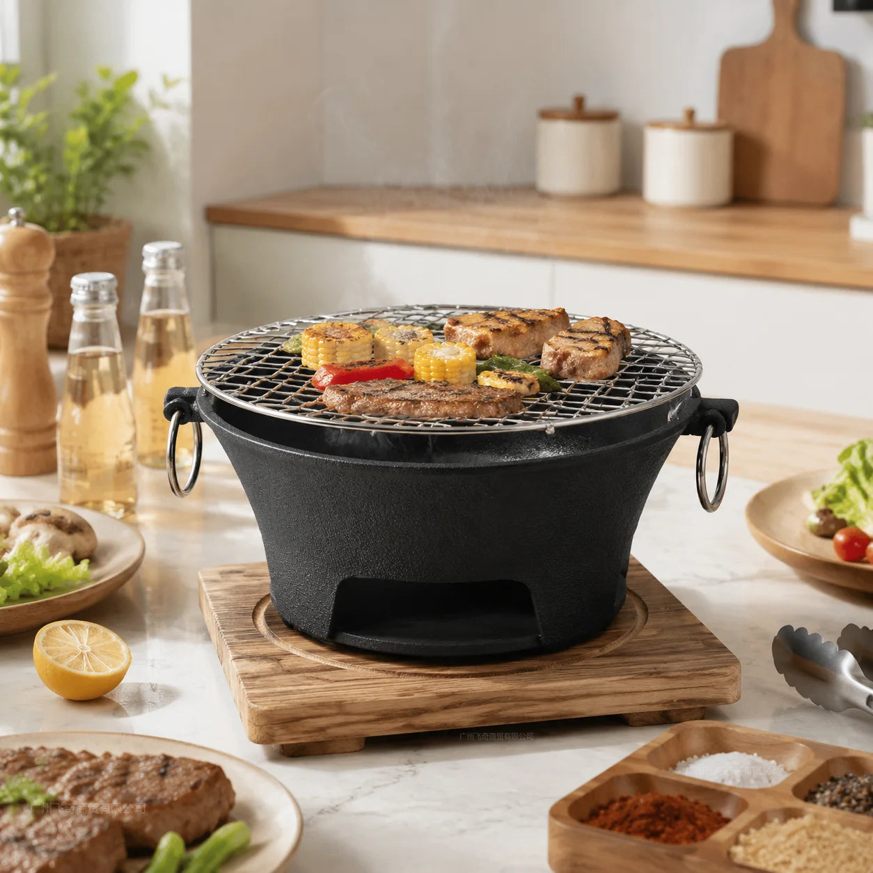 KL1 Portable Charcoal Grill Mini Tabletop BBQ Cast Iron Body Stainless Steel Removable Grill Net Heat-Resistant Wooden Base Silver Carry Rings Outdoor Picnic and Backyard Cooking