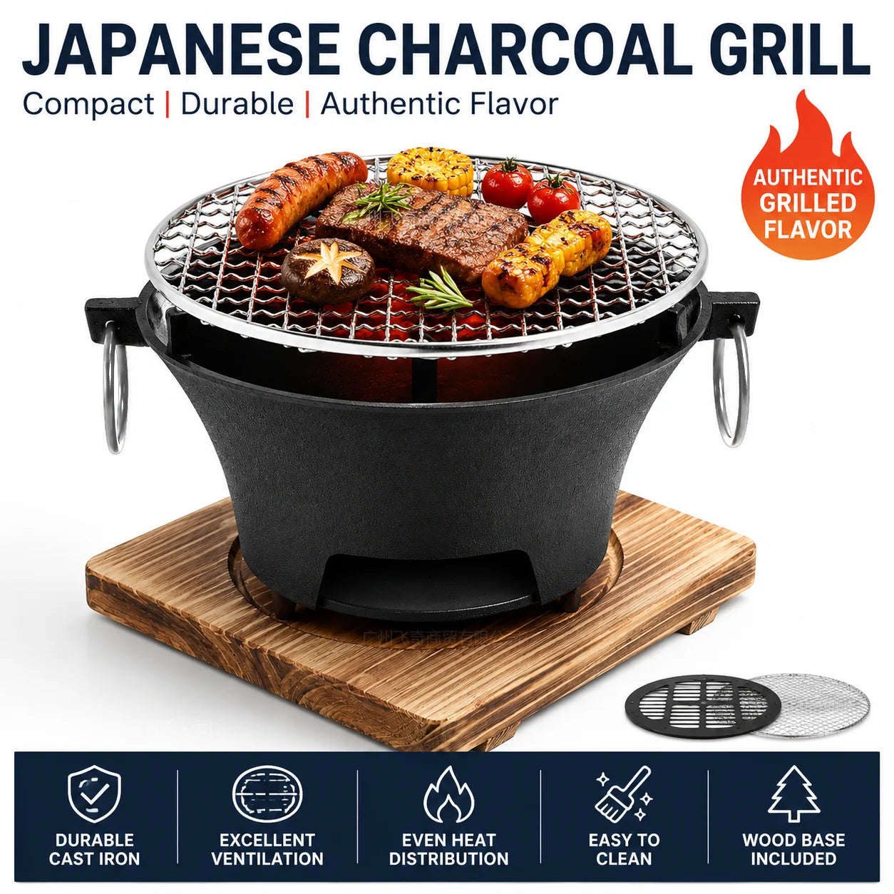 KL1 Portable Charcoal Grill Mini Tabletop BBQ Cast Iron Body Stainless Steel Removable Grill Net Heat-Resistant Wooden Base Silver Carry Rings Outdoor Picnic and Backyard Cooking