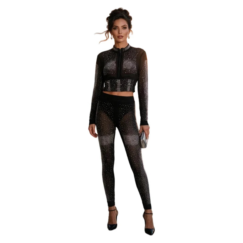 Women Black Mesh Hotfix Rhinestone 2‑Piece Outfit Long Sleeve Zip Crop Top Sheer Mesh Pants Bodycon Party Matching Set
