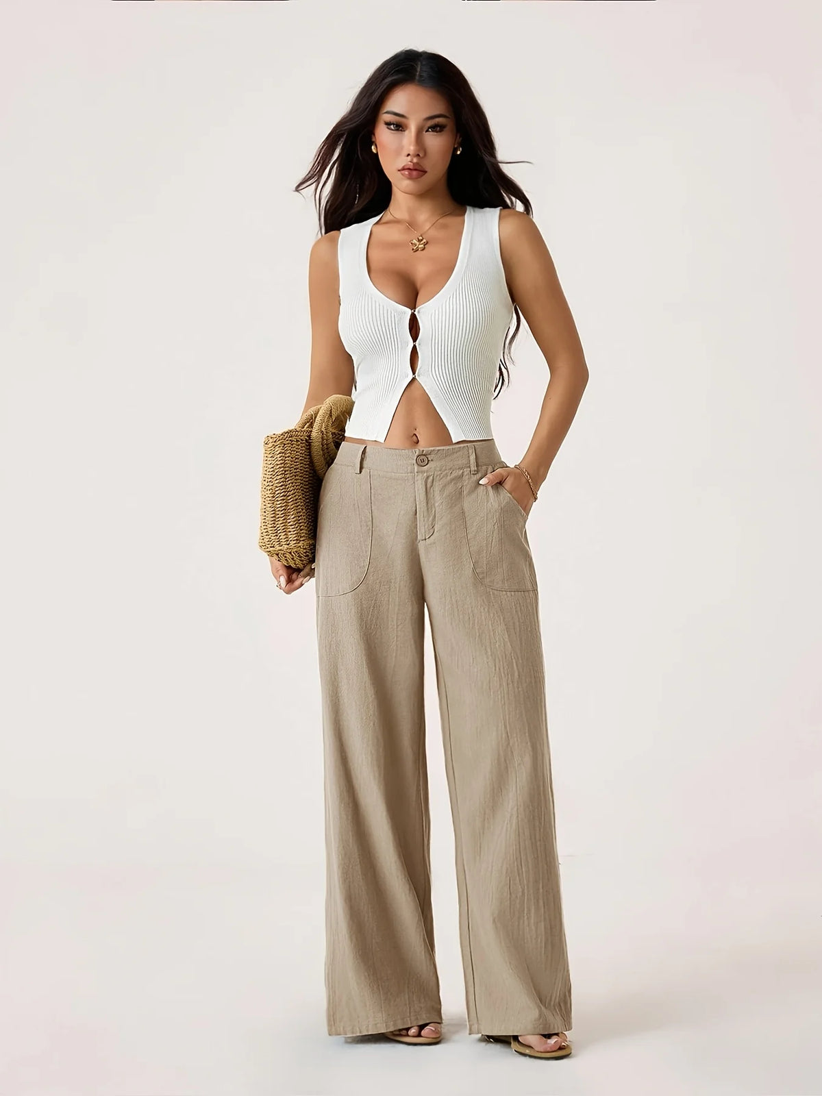 2 Pack Women'S Solid Casual Trousers, High Rise Button Fly And Front Patch Pocket Loose Wide Leg Daily Pants