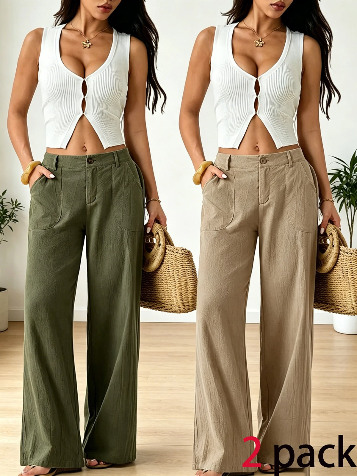 2 Pack Women'S Solid Casual Trousers, High Rise Button Fly And Front Patch Pocket Loose Wide Leg Daily Pants