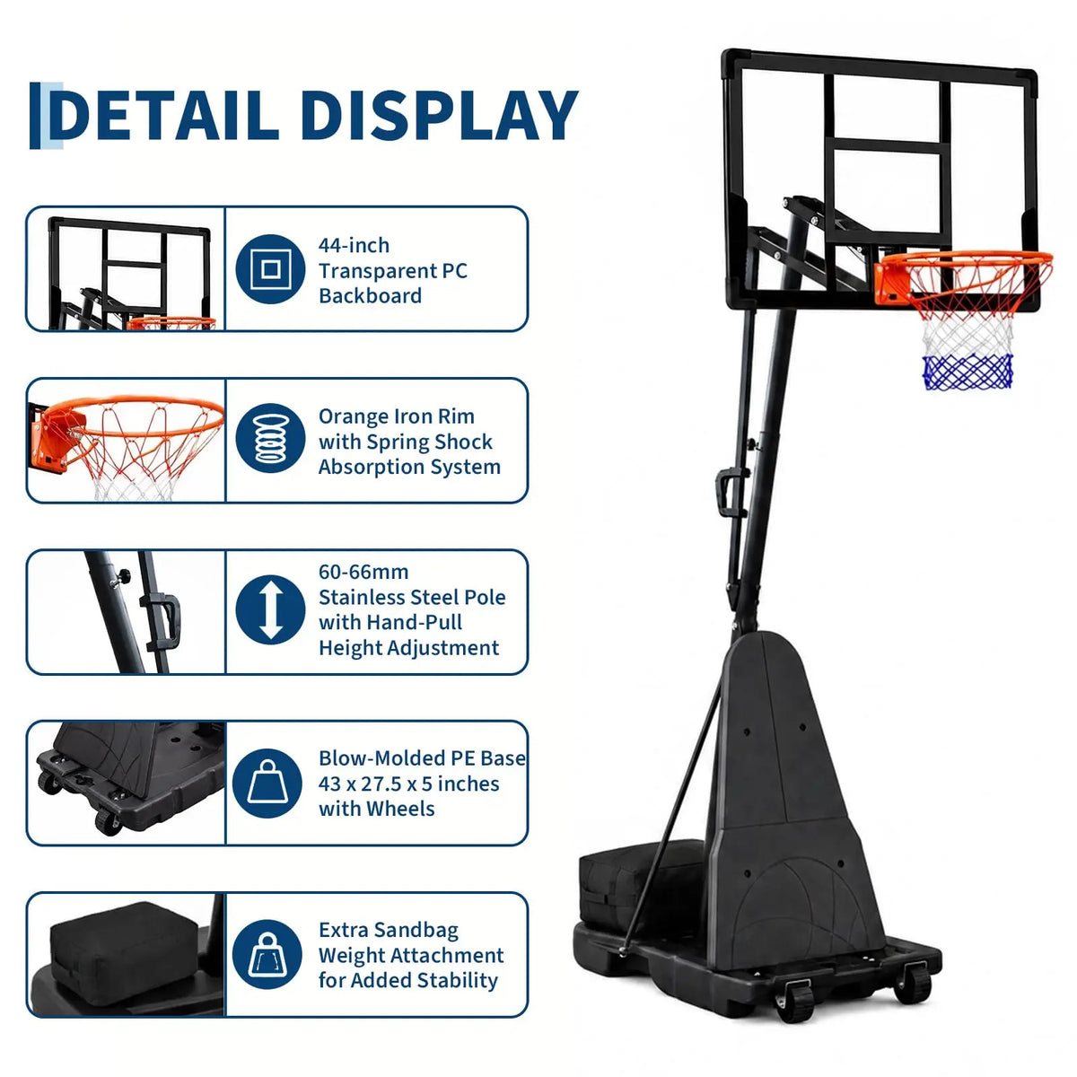 Portable Basketball Hoop 43/47 Inch Adjustable 5.6-10FT Outdoor Goal With PC Backboard Fillable Base Wheels For Driveway Yard