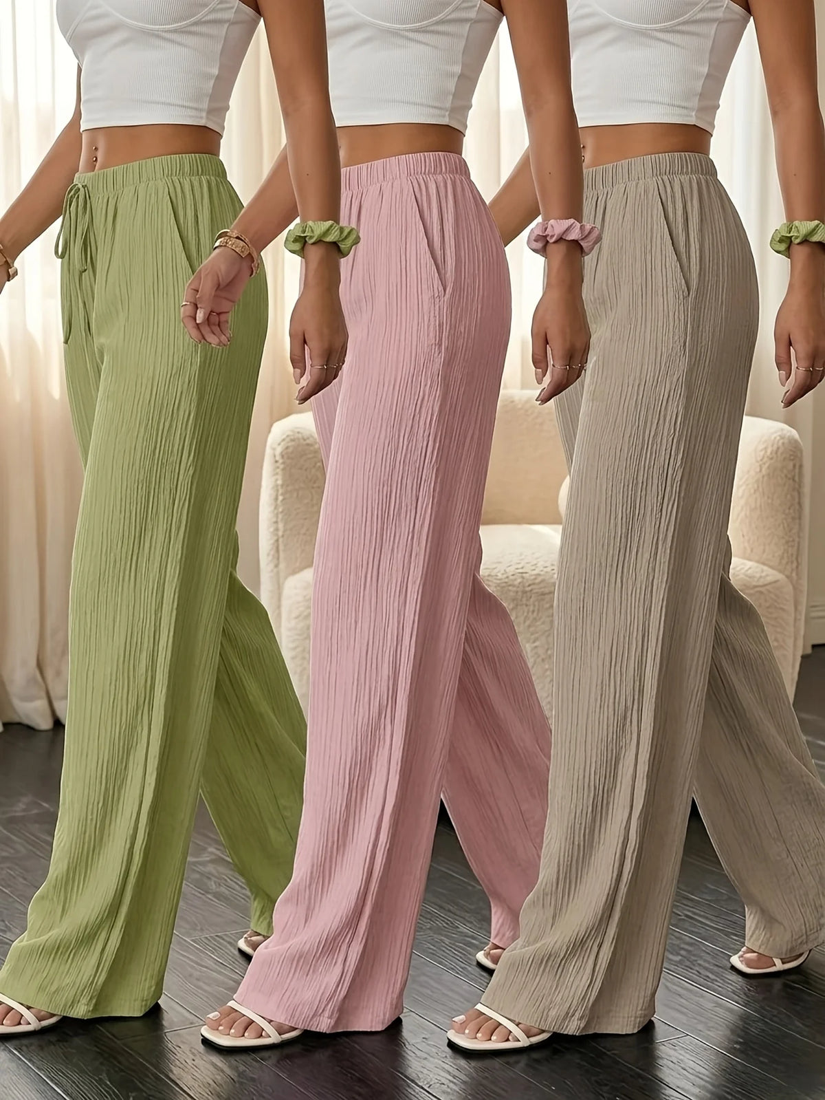 Plus Size - 3pcs, Plus Size Women'S Fashionable Textured Pocket Solid Color Casual Versatile Wide-Leg Straight-Leg Pants, Home Wear, Pants Set of Three, Multi-Functional Dressing - Perfect Elegant Combination Suitable for Any