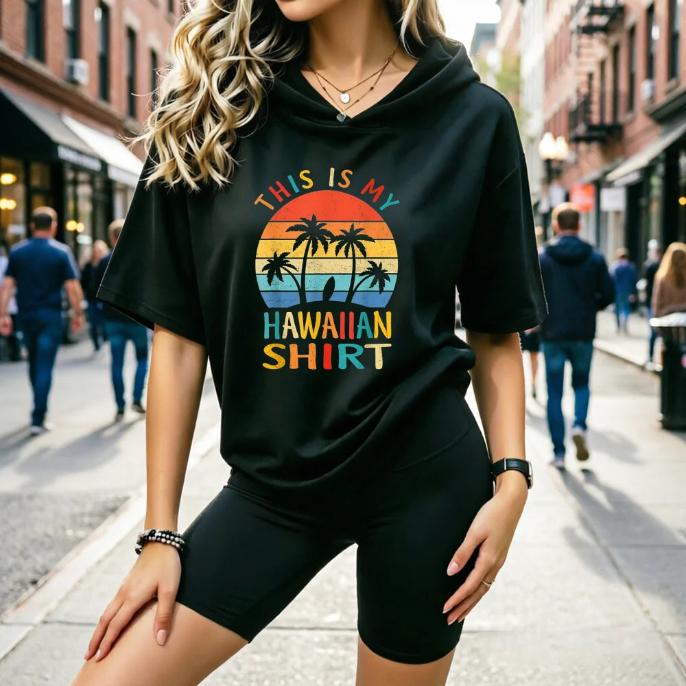 Retro Summer Island Palm Print Women A Half-Sleeved Hoodie And Yoga Pants set