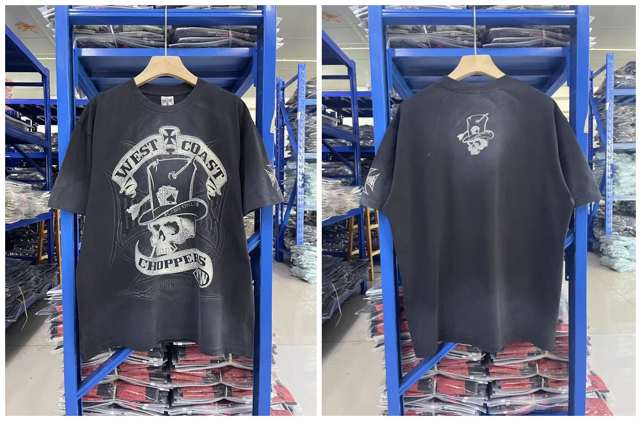 New fashion Y2K West Coast Choppers 26SS 1972 Retro Modified Car Printed Water Washed Vintage Men's Loose T-shirt Large Top