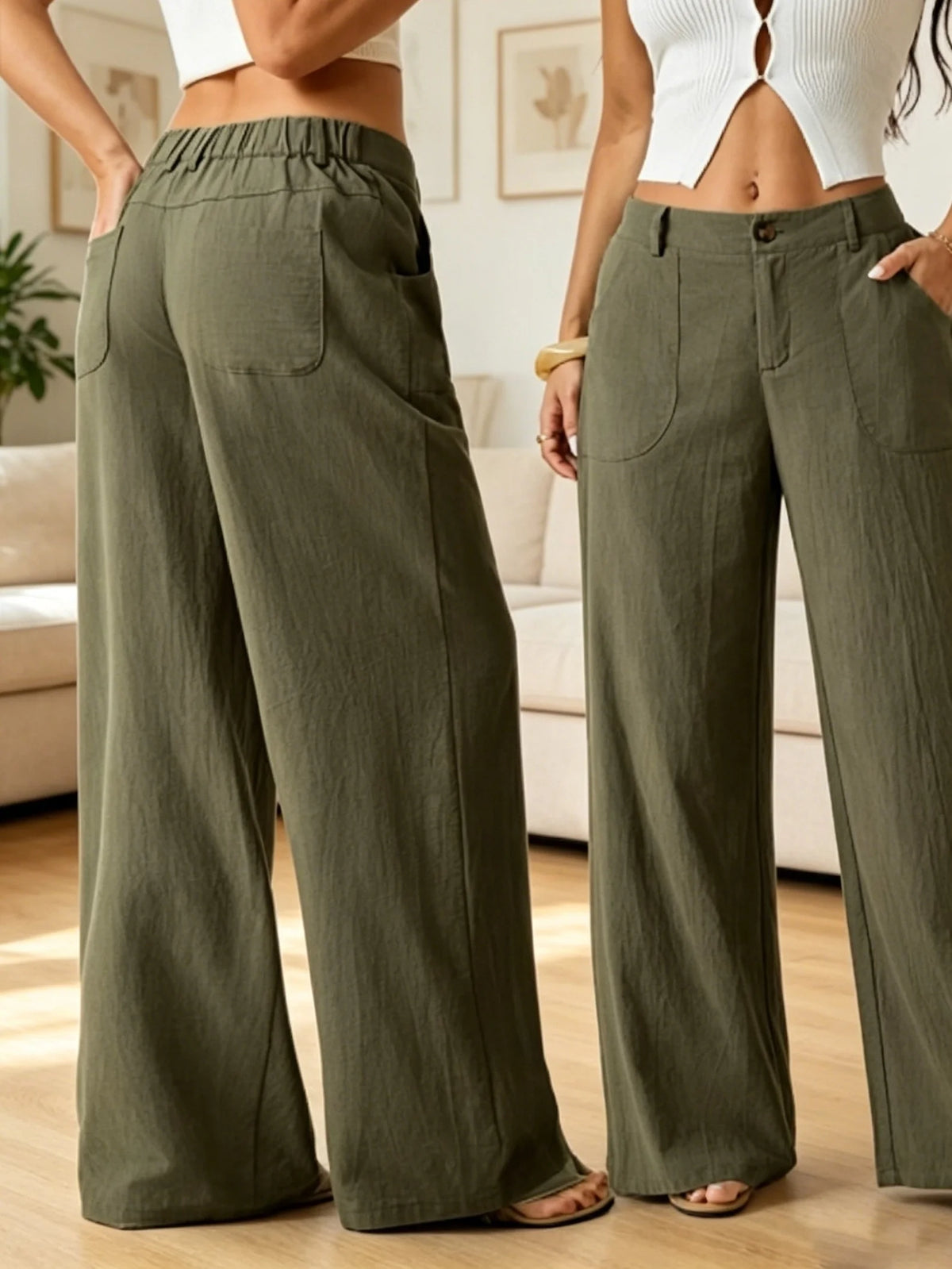 2 Pack Women'S Solid Casual Trousers, High Rise Button Fly And Front Patch Pocket Loose Wide Leg Daily Pants