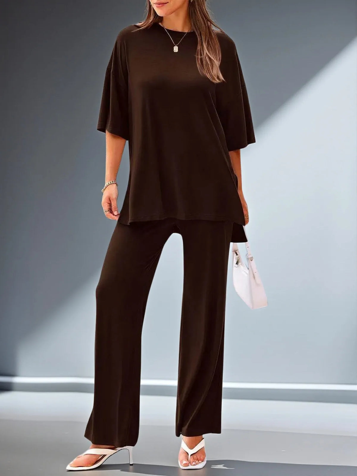 Women Round Neck Loose Short Sleeve Tunic Top High Waist Wide Leg Pants Two Piece Casual Daily Matching Outfit