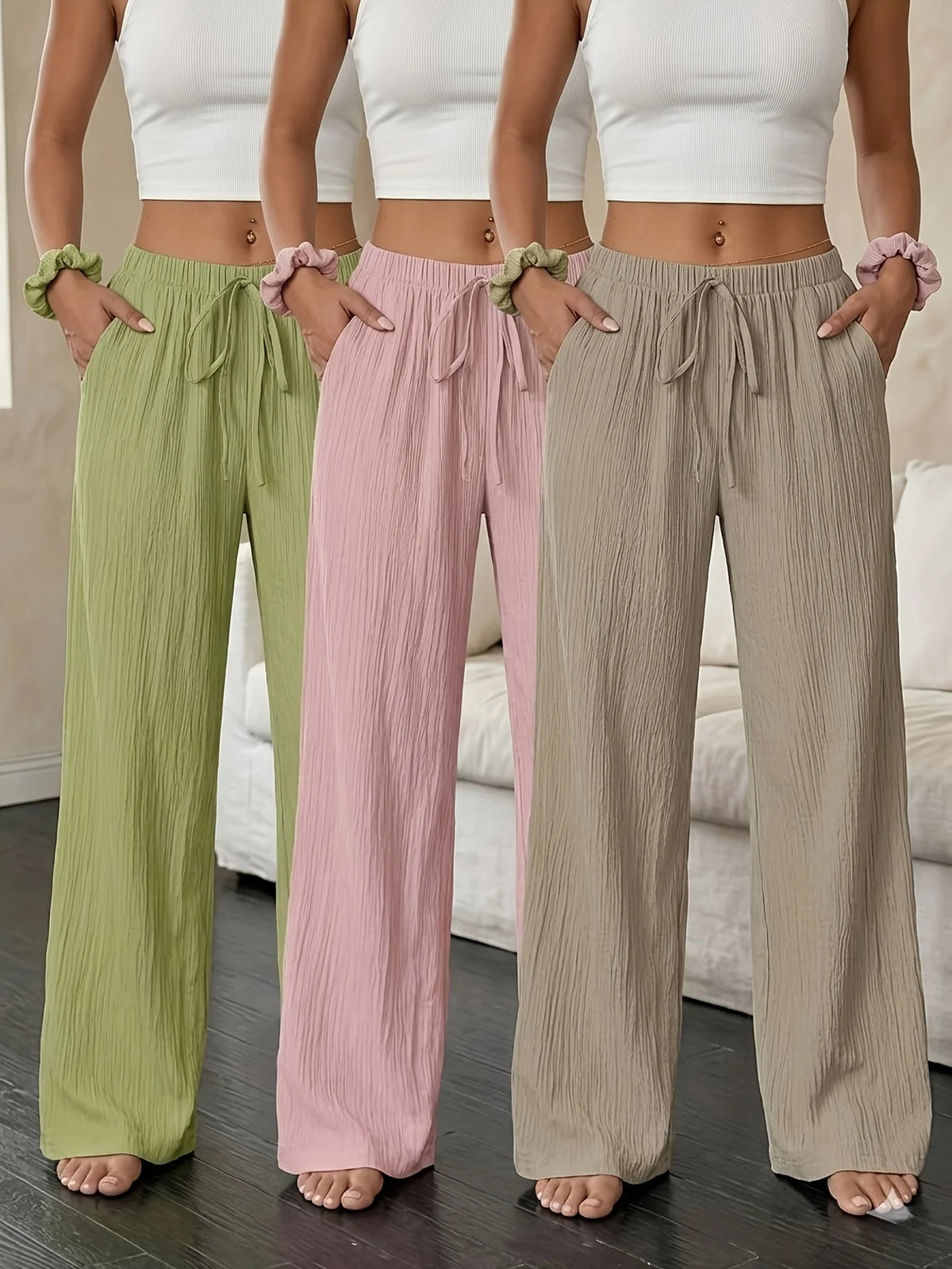 Plus Size - 3pcs, Plus Size Women'S Fashionable Textured Pocket Solid Color Casual Versatile Wide-Leg Straight-Leg Pants, Home Wear, Pants Set of Three, Multi-Functional Dressing - Perfect Elegant Combination Suitable for Any