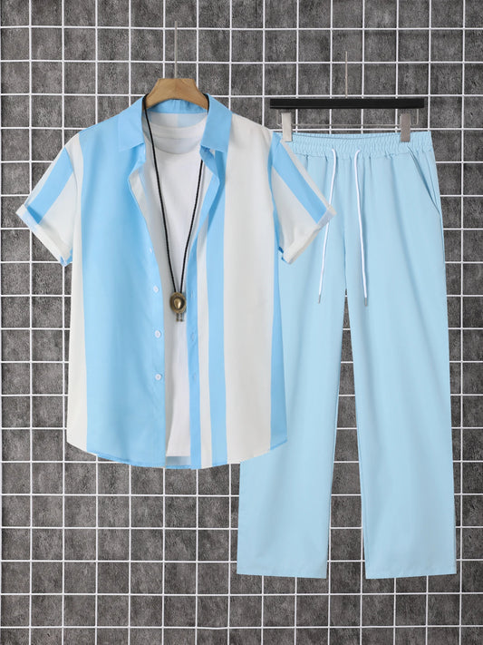 2-Piece Printed Men's Summer Short-Sleeved Button-Down Shirt and Pants Set