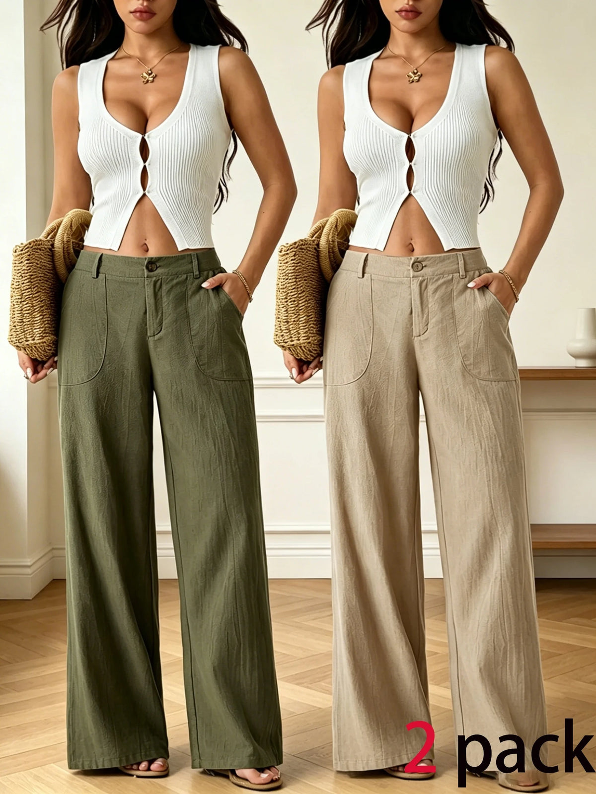 2 Pack Women'S Solid Casual Trousers, High Rise Button Fly And Front Patch Pocket Loose Wide Leg Daily Pants