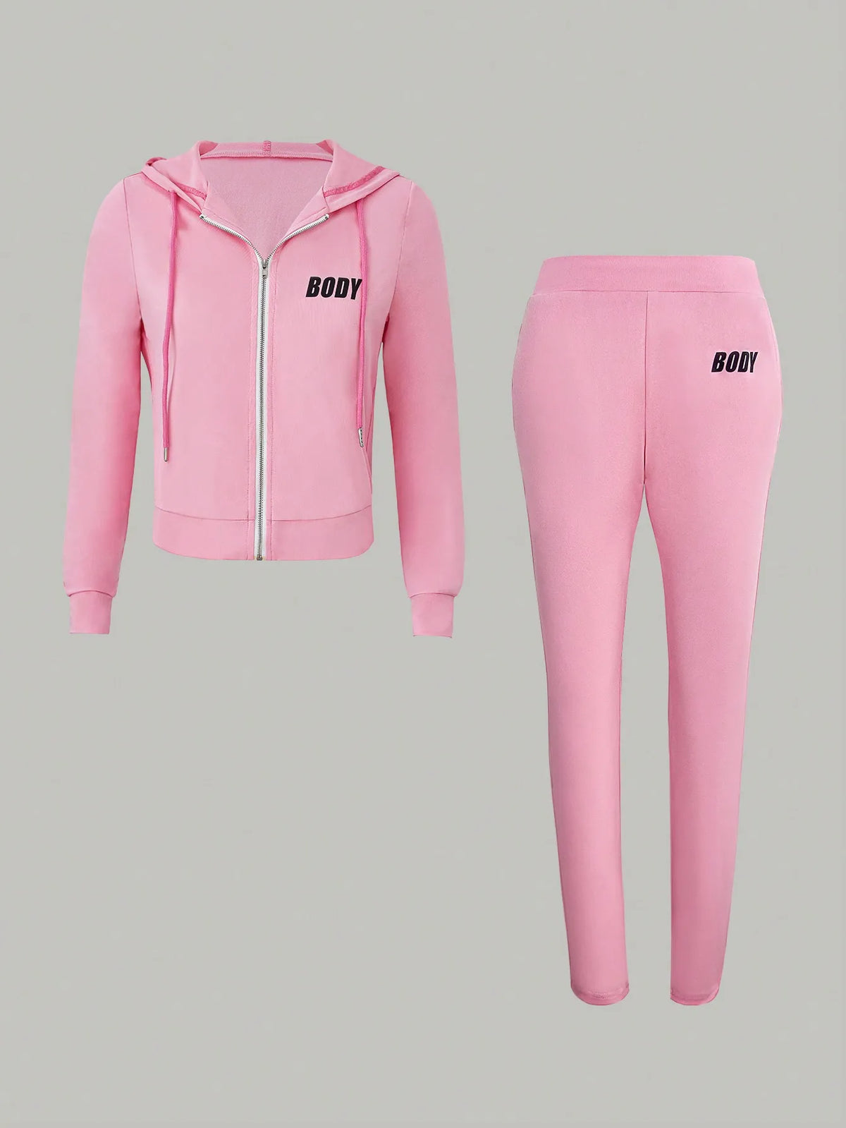 Women's Pink Zipper Sportswear Set of 2 Pieces Jogger Letter Printed Jogging Sportswear Hoodie and Sweatpants Set