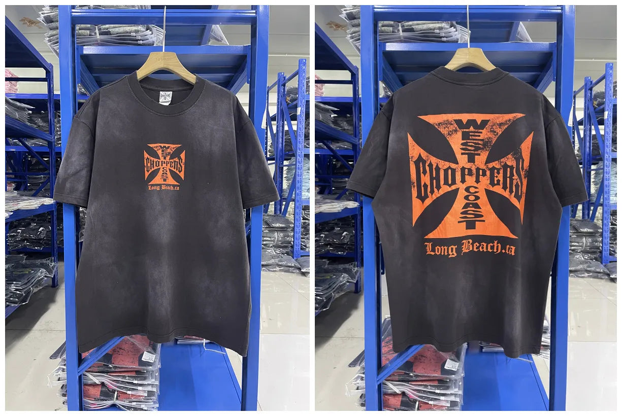 New fashion Y2K West Coast Choppers 26SS 1972 Retro Modified Car Printed Water Washed Vintage Men's Loose T-shirt Large Top