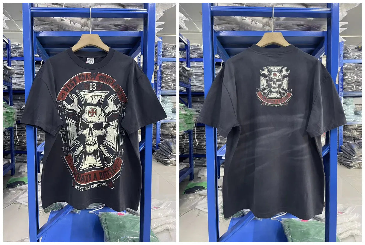 New fashion Y2K West Coast Choppers 26SS 1972 Retro Modified Car Printed Water Washed Vintage Men's Loose T-shirt Large Top