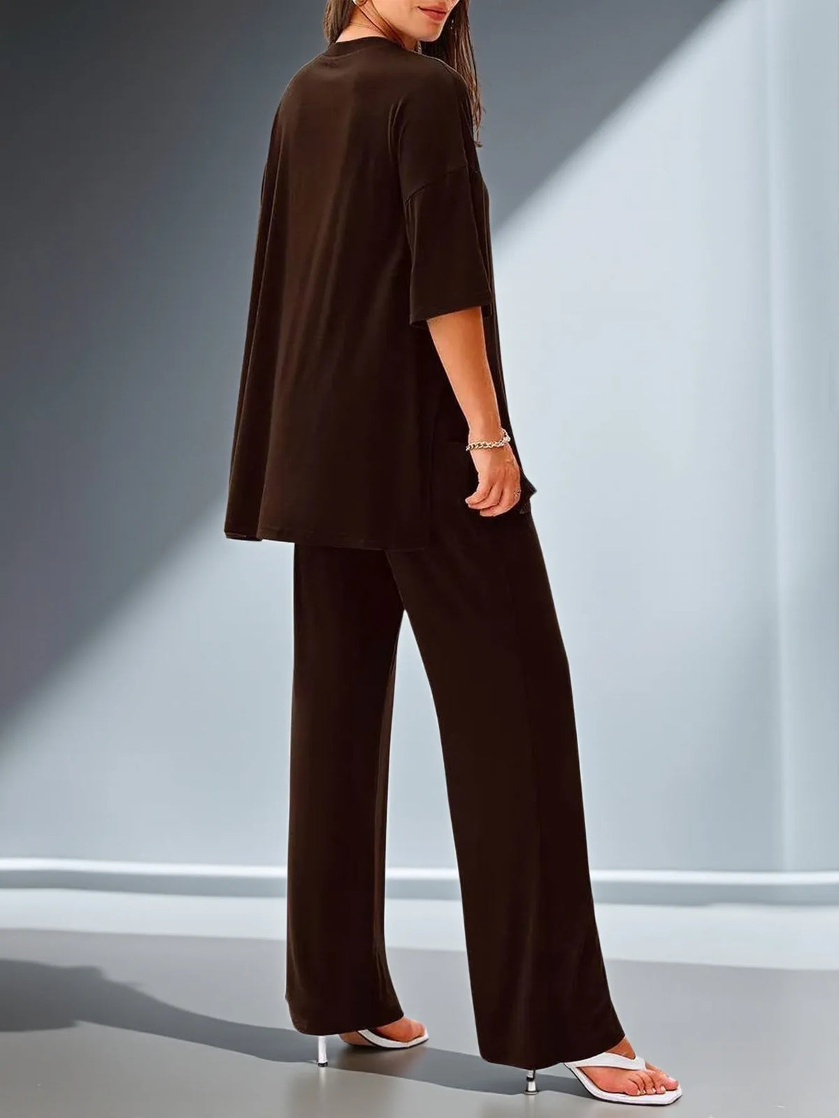 Women Round Neck Loose Short Sleeve Tunic Top High Waist Wide Leg Pants Two Piece Casual Daily Matching Outfit