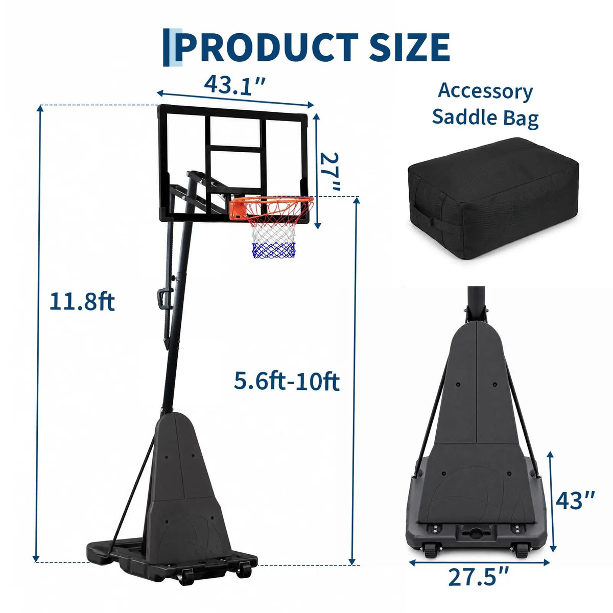 Portable Basketball Hoop 43/47 Inch Adjustable 5.6-10FT Outdoor Goal With PC Backboard Fillable Base Wheels For Driveway Yard