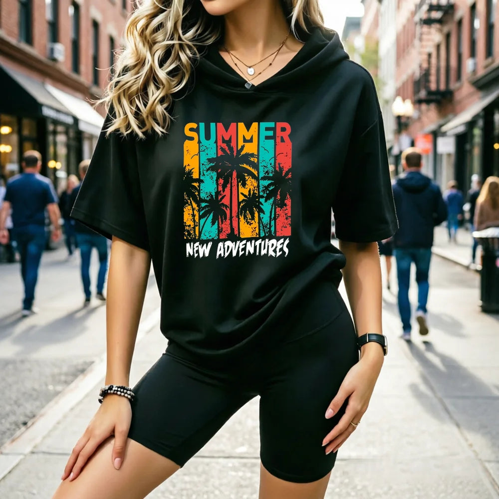 Retro Summer Island Palm Print Women A Half-Sleeved Hoodie And Yoga Pants set