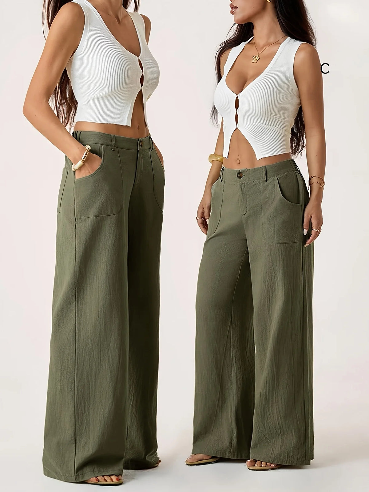 2 Pack Women'S Solid Casual Trousers, High Rise Button Fly And Front Patch Pocket Loose Wide Leg Daily Pants